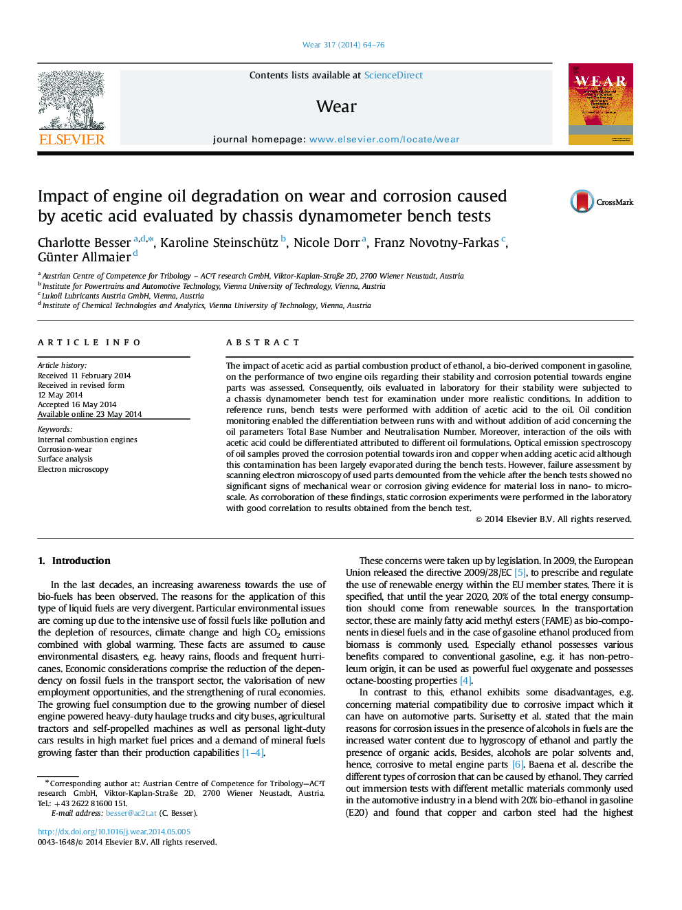 Impact of engine oil degradation on wear and corrosion caused by acetic acid evaluated by chassis dynamometer bench tests