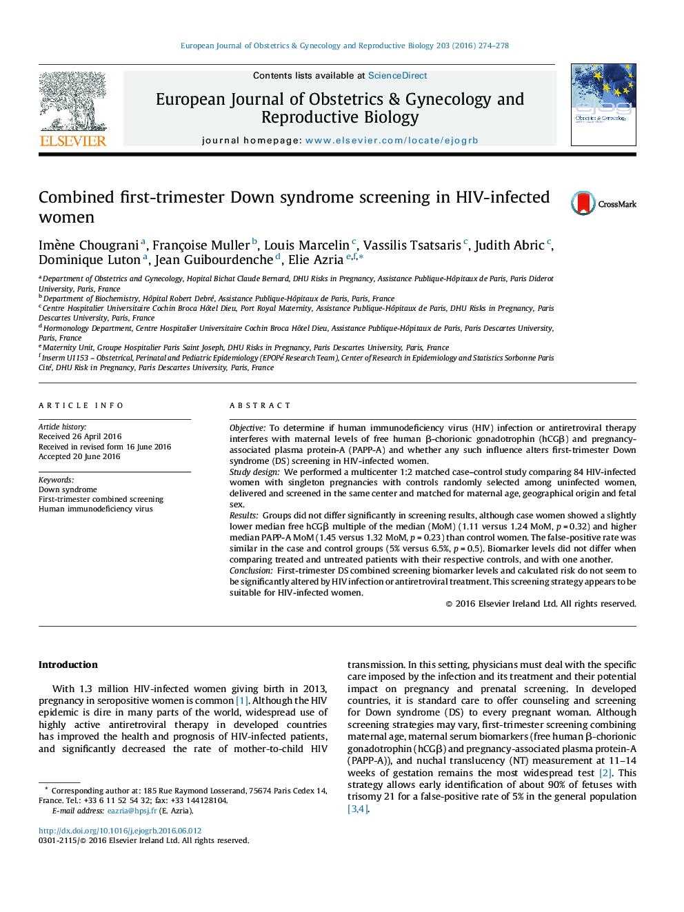 Combined first-trimester Down syndrome screening in HIV-infected women