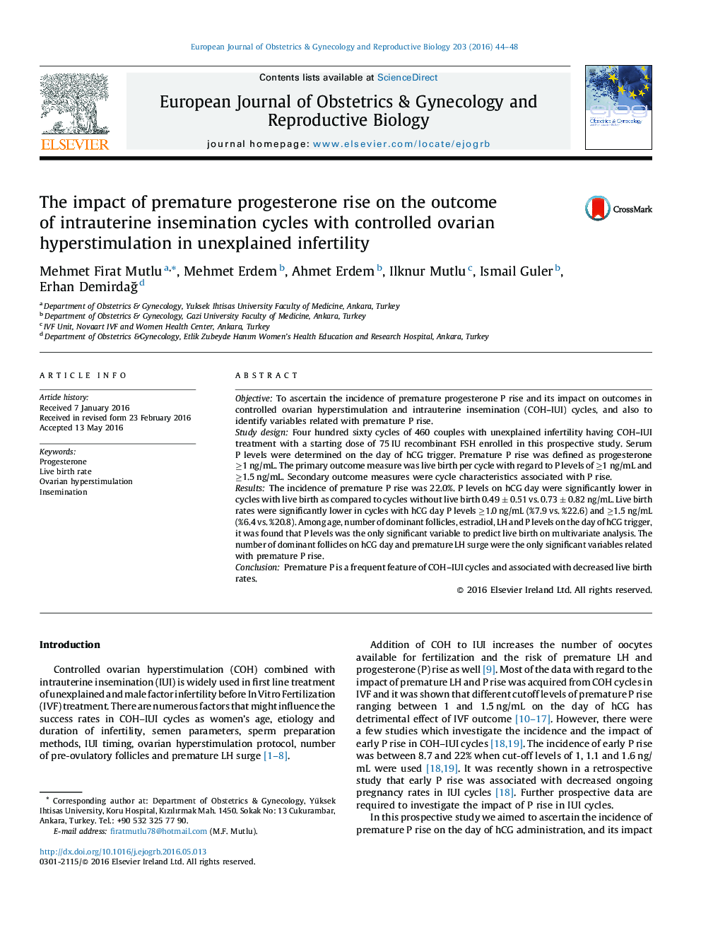 The impact of premature progesterone rise on the outcome of intrauterine insemination cycles with controlled ovarian hyperstimulation in unexplained infertility