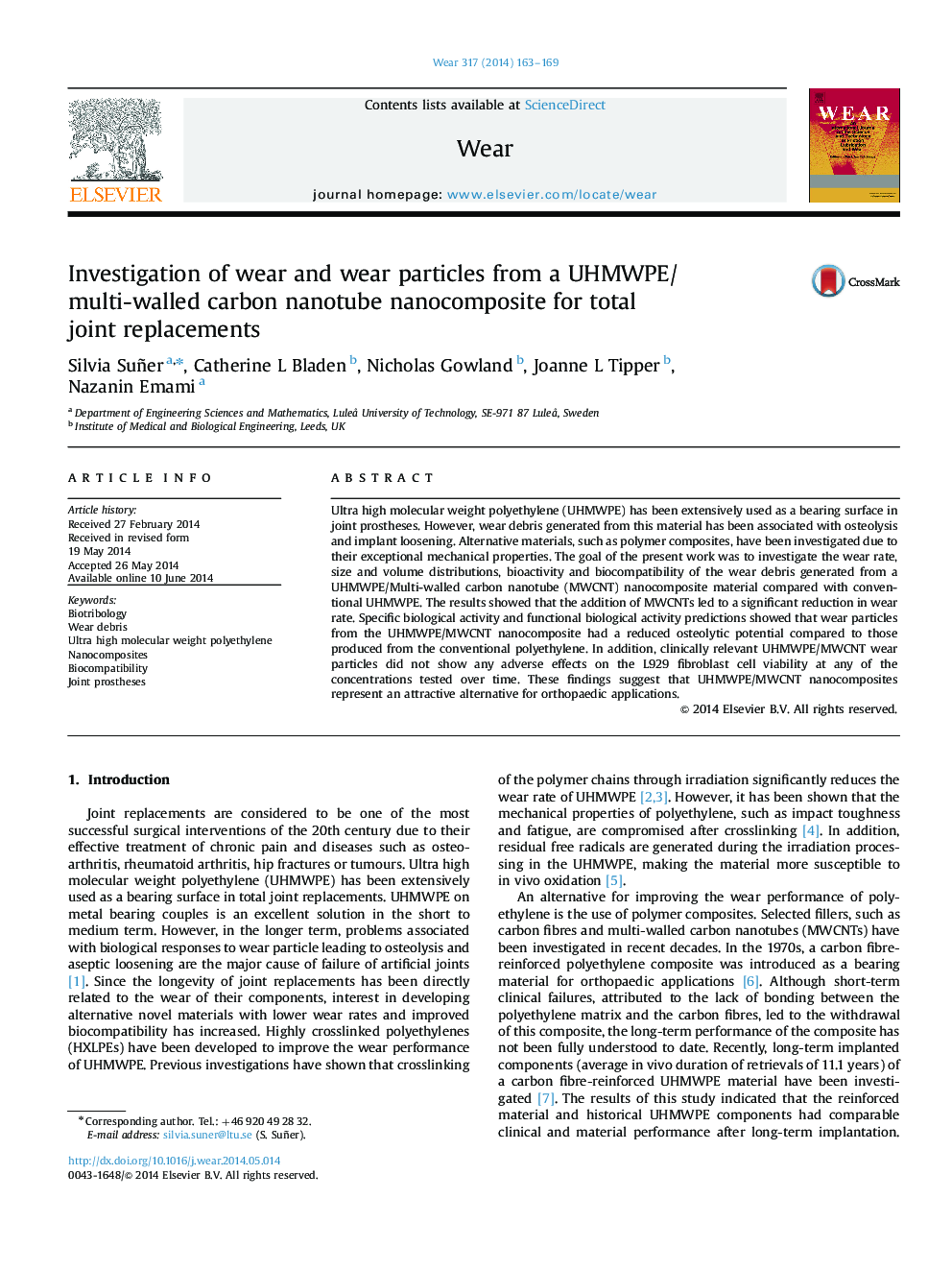 Investigation of wear and wear particles from a UHMWPE/multi-walled carbon nanotube nanocomposite for total joint replacements