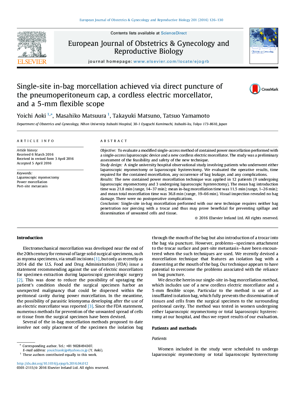 Single-site in-bag morcellation achieved via direct puncture of the pneumoperitoneum cap, a cordless electric morcellator, and a 5-mm flexible scope