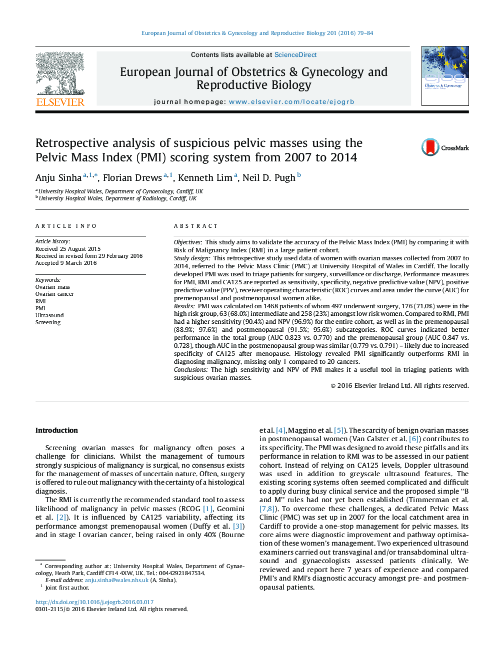 Retrospective analysis of suspicious pelvic masses using the Pelvic Mass Index (PMI) scoring system from 2007 to 2014