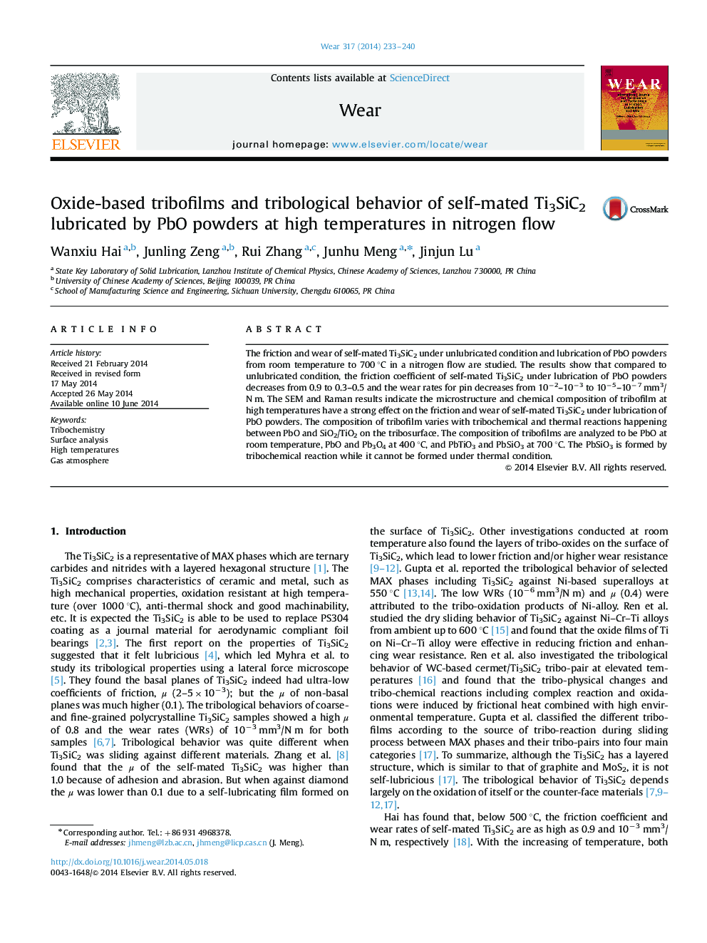 Oxide-based tribofilms and tribological behavior of self-mated Ti3SiC2 lubricated by PbO powders at high temperatures in nitrogen flow