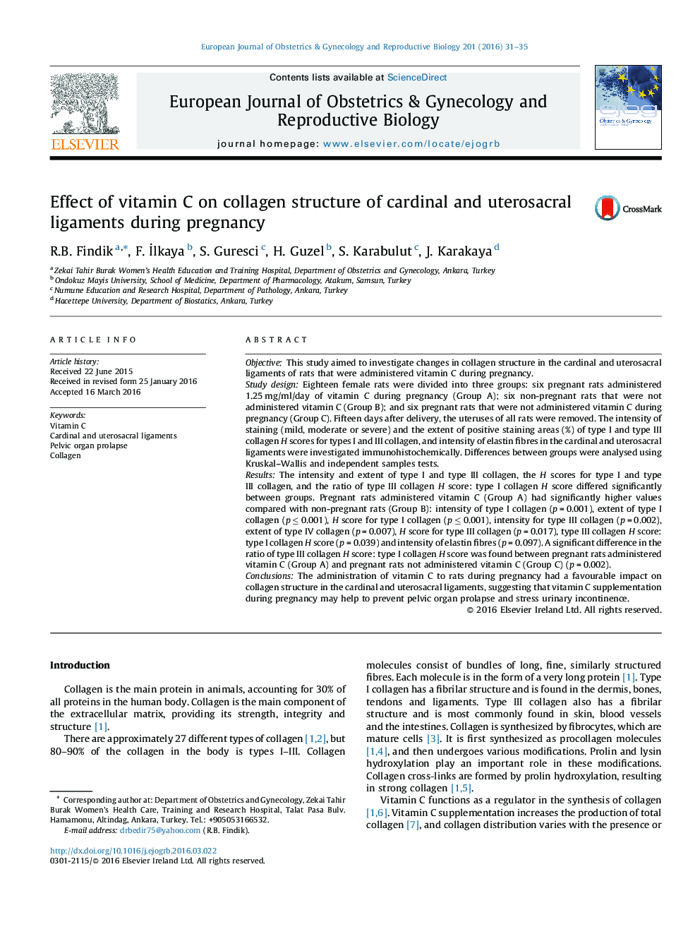 Effect of vitamin C on collagen structure of cardinal and uterosacral ligaments during pregnancy