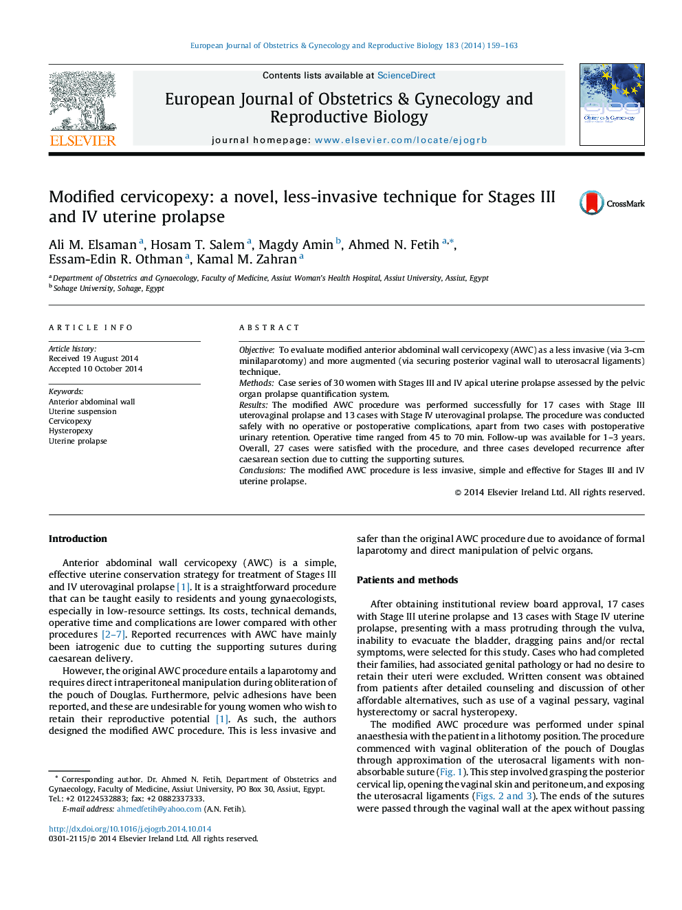 Modified cervicopexy: a novel, less-invasive technique for Stages III and IV uterine prolapse