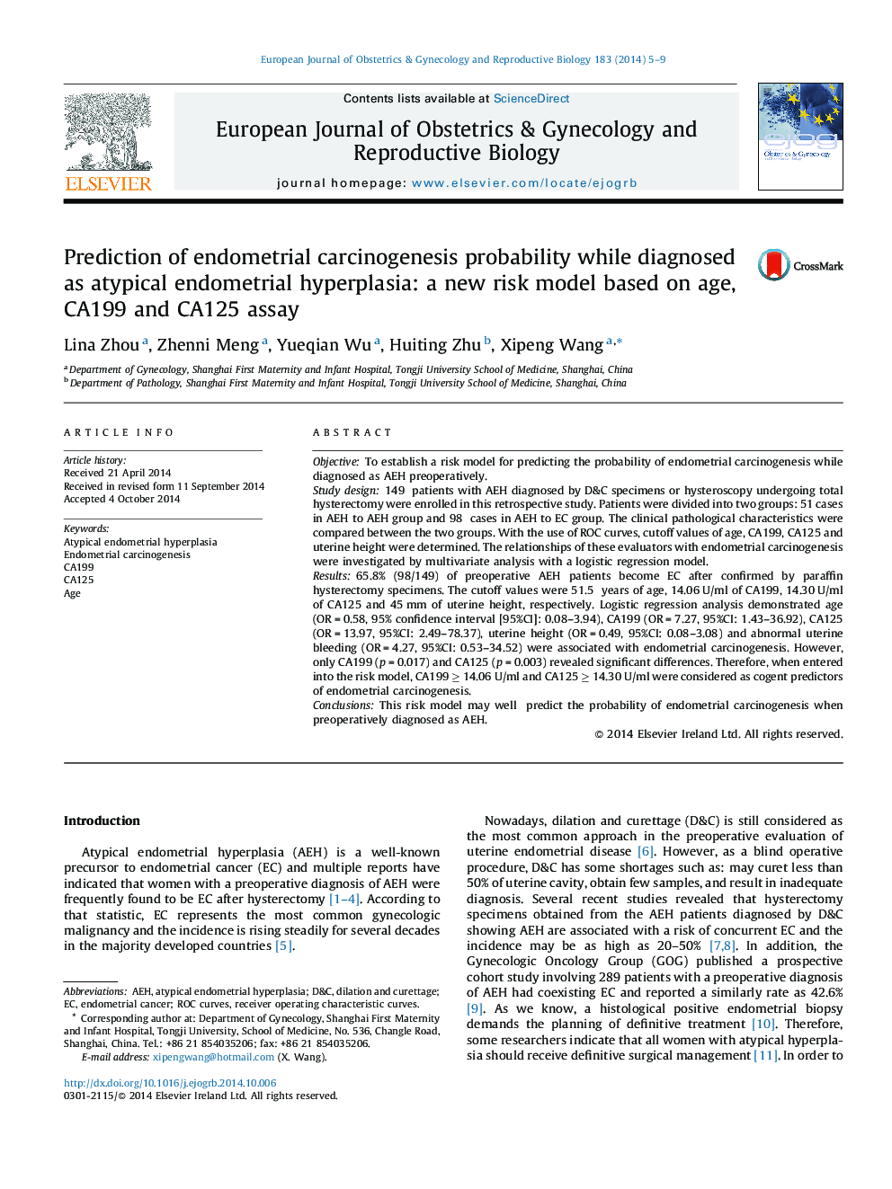 Prediction of endometrial carcinogenesis probability while diagnosed as atypical endometrial hyperplasia: a new risk model based on age, CA199 and CA125 assay