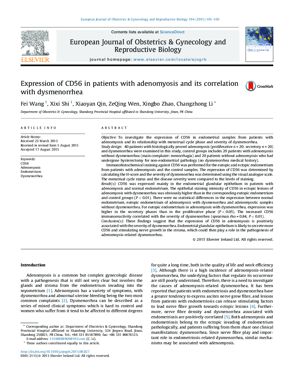 Expression of CD56 in patients with adenomyosis and its correlation with dysmenorrhea