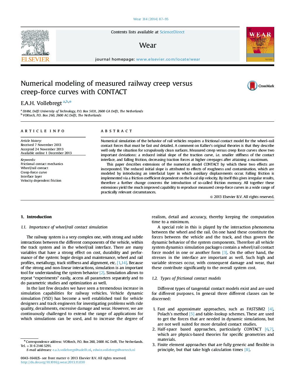 Numerical modeling of measured railway creep versus creep-force curves with CONTACT