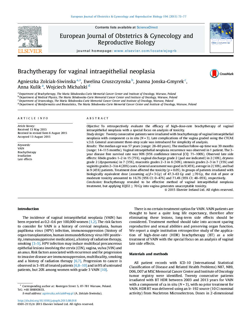 Brachytherapy for vaginal intraepithelial neoplasia