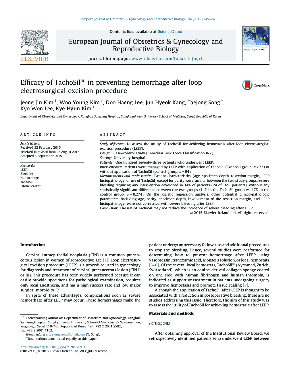 Efficacy of TachoSil® in preventing hemorrhage after loop electrosurgical excision procedure