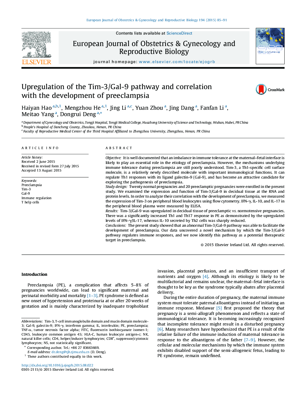 Upregulation of the Tim-3/Gal-9 pathway and correlation with the development of preeclampsia