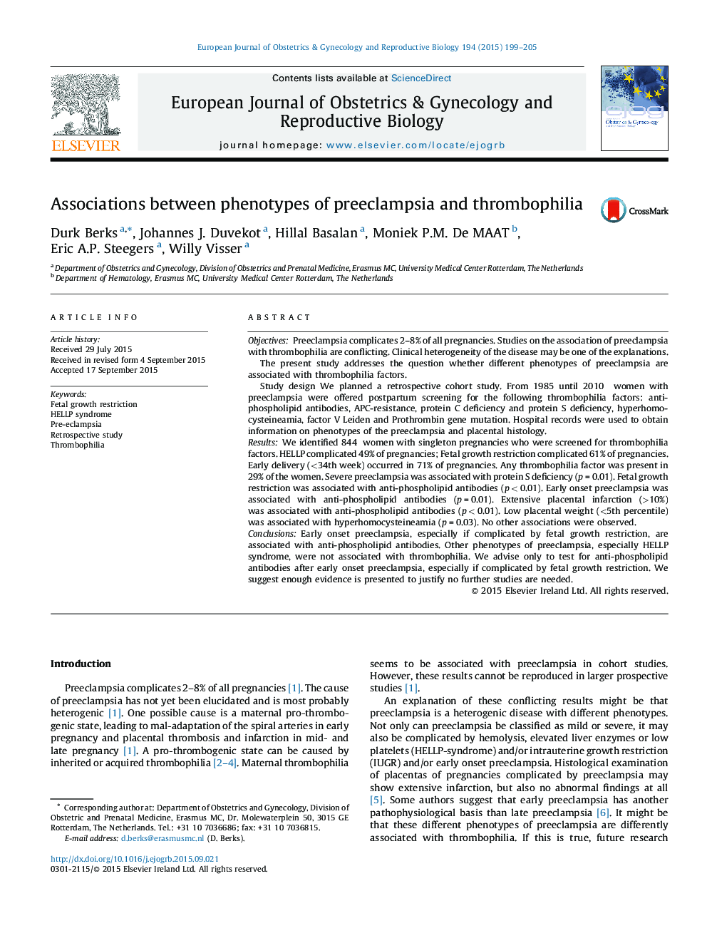 Associations between phenotypes of preeclampsia and thrombophilia