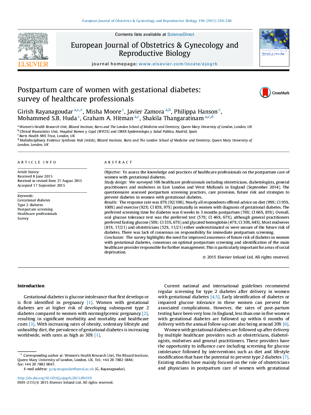 Postpartum care of women with gestational diabetes: survey of healthcare professionals