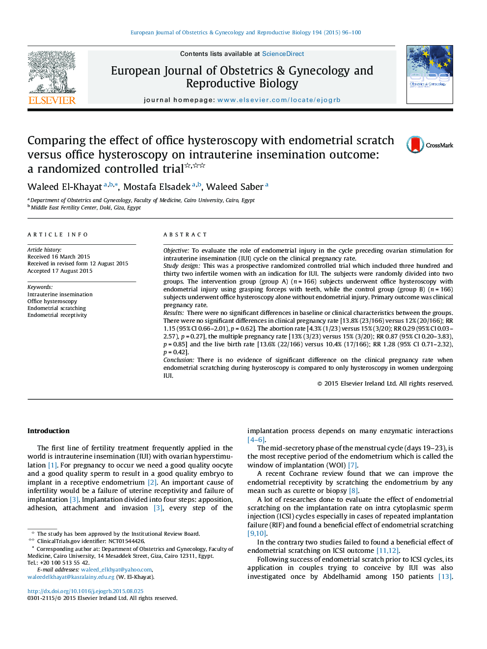 Comparing the effect of office hysteroscopy with endometrial scratch versus office hysteroscopy on intrauterine insemination outcome: a randomized controlled trial