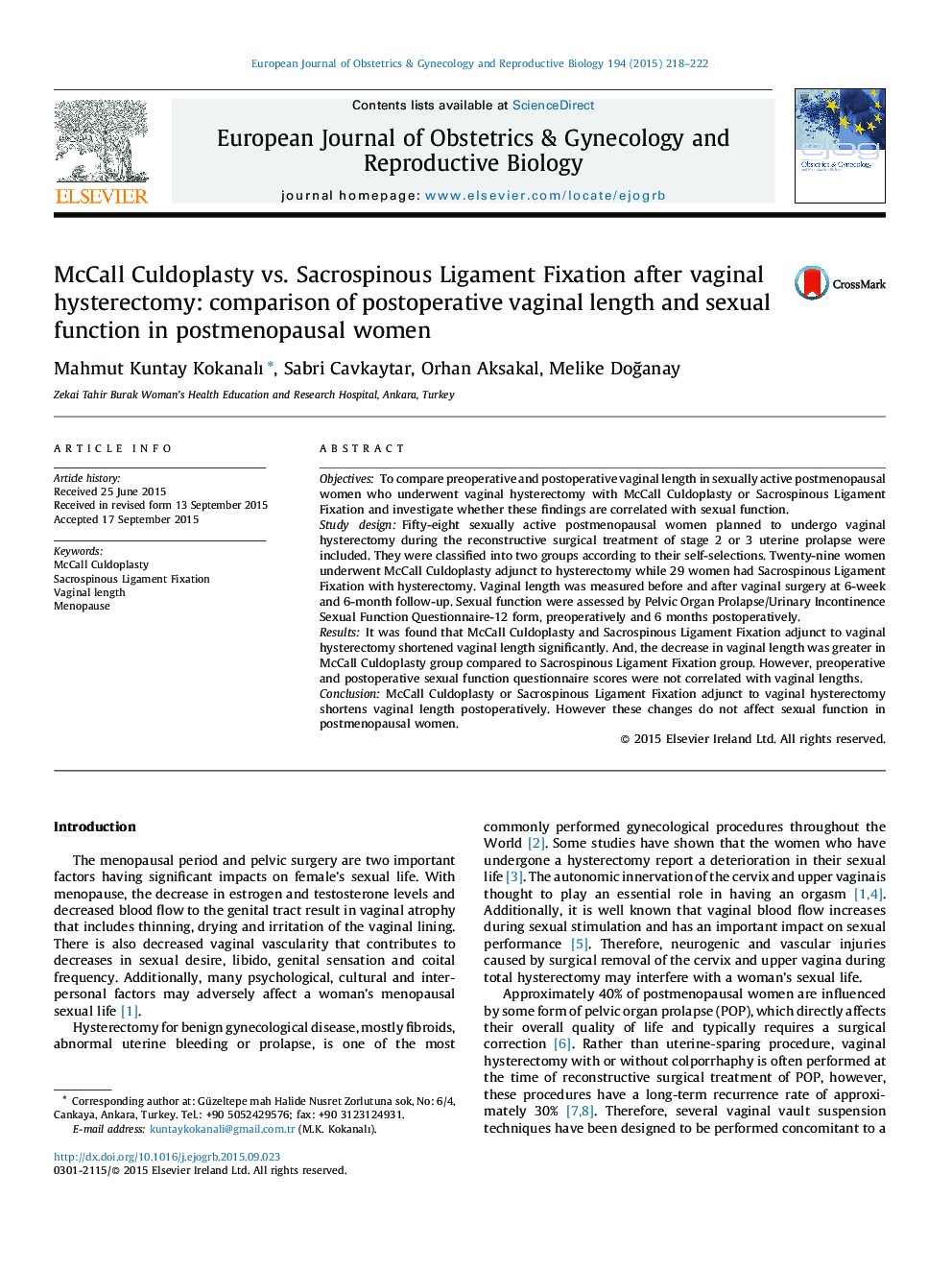 McCall Culdoplasty vs. Sacrospinous Ligament Fixation after vaginal hysterectomy: comparison of postoperative vaginal length and sexual function in postmenopausal women