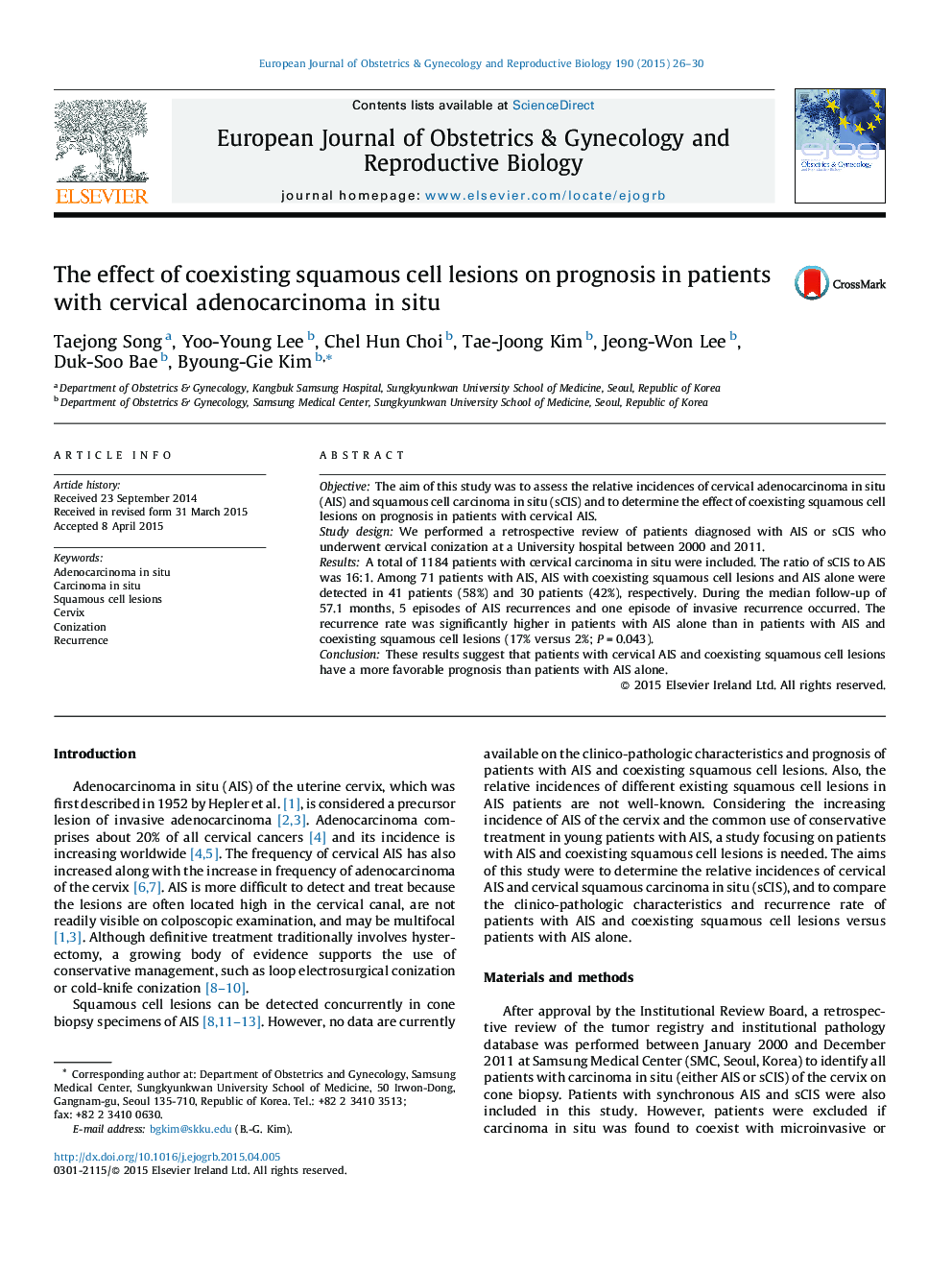 The effect of coexisting squamous cell lesions on prognosis in patients with cervical adenocarcinoma in situ