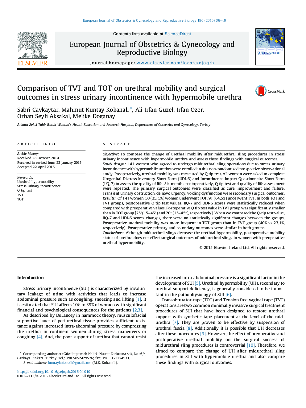 Comparison of TVT and TOT on urethral mobility and surgical outcomes in stress urinary incontinence with hypermobile urethra