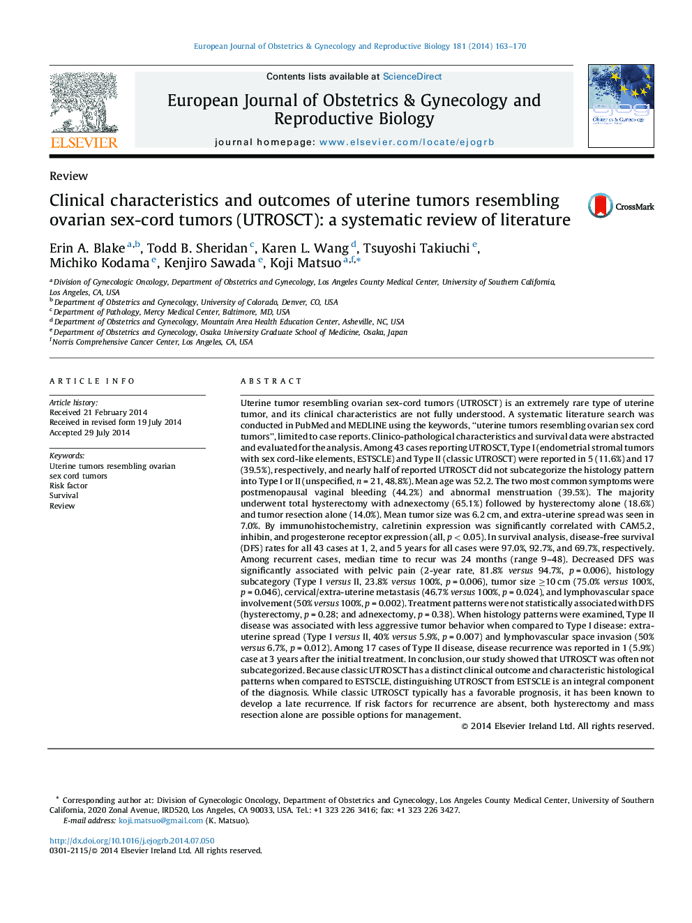 Clinical characteristics and outcomes of uterine tumors resembling ovarian sex-cord tumors (UTROSCT): a systematic review of literature