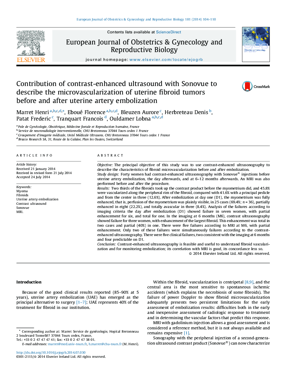 Contribution of contrast-enhanced ultrasound with Sonovue to describe the microvascularization of uterine fibroid tumors before and after uterine artery embolization