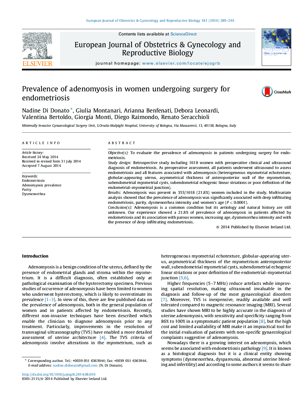 Prevalence of adenomyosis in women undergoing surgery for endometriosis