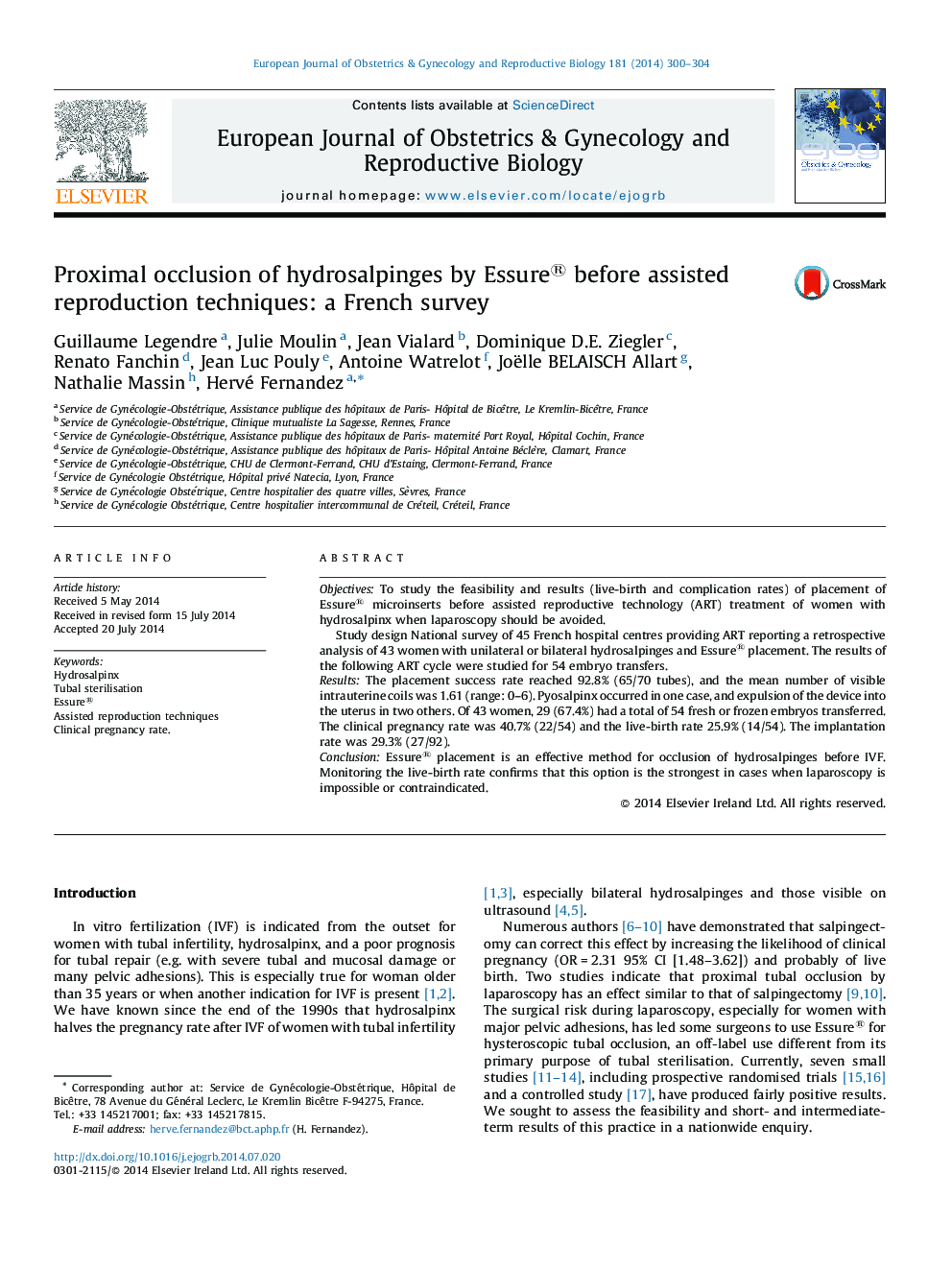 Proximal occlusion of hydrosalpinges by Essure® before assisted reproduction techniques: a French survey