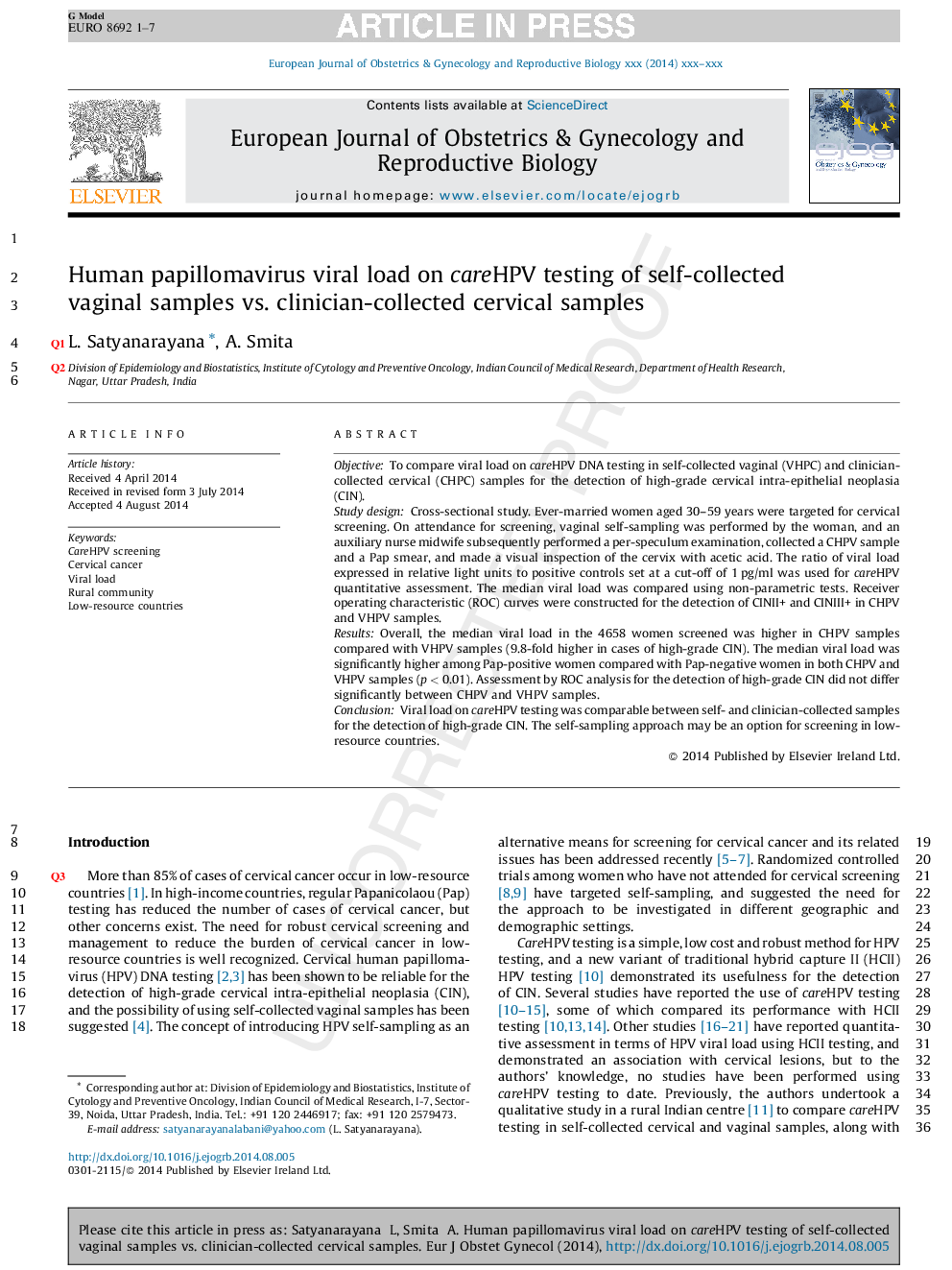 Human papillomavirus viral load on careHPV testing of self-collected vaginal samples vs. clinician-collected cervical samples