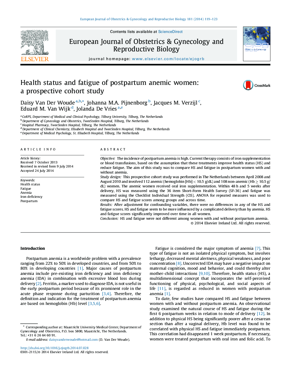 Health status and fatigue of postpartum anemic women: a prospective cohort study