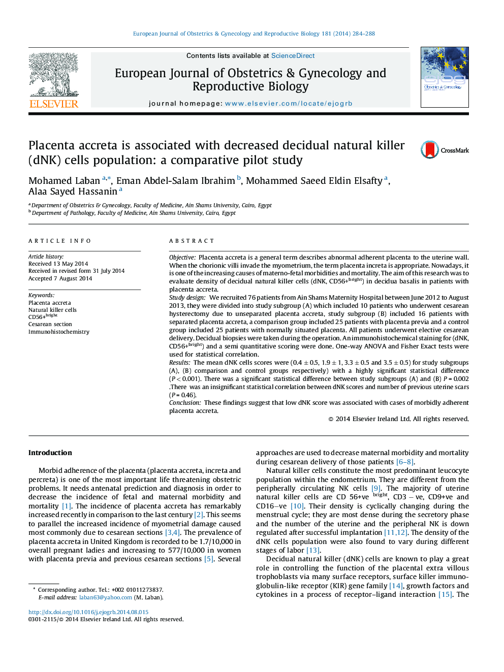 Placenta accreta is associated with decreased decidual natural killer (dNK) cells population: a comparative pilot study