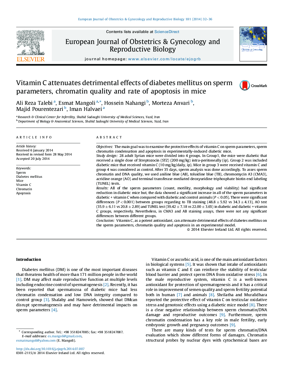 Vitamin C attenuates detrimental effects of diabetes mellitus on sperm parameters, chromatin quality and rate of apoptosis in mice