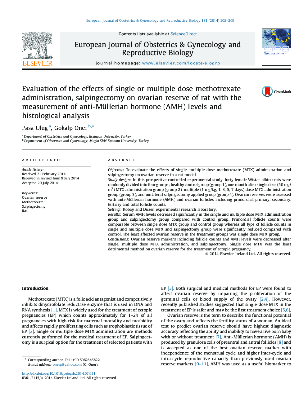 Evaluation of the effects of single or multiple dose methotrexate administration, salpingectomy on ovarian reserve of rat with the measurement of anti-Müllerian hormone (AMH) levels and histological analysis