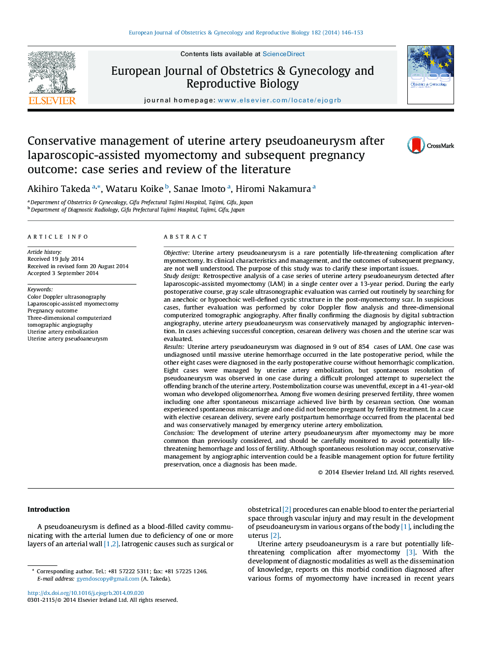 Conservative management of uterine artery pseudoaneurysm after laparoscopic-assisted myomectomy and subsequent pregnancy outcome: case series and review of the literature