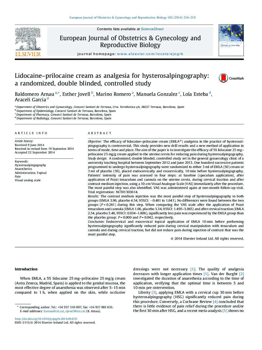 کرم لیدوکائین-پریلوکائین به عنوان ضد درد برای هیستروسالپنجوگرافی: یک مطالعه تصادفی، دو سوخته، کنترل شده 