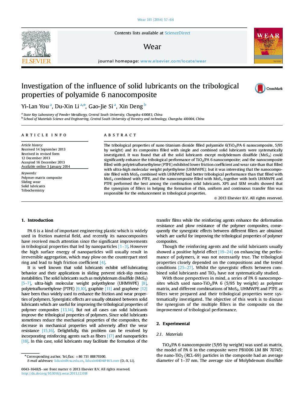 Investigation of the influence of solid lubricants on the tribological properties of polyamide 6 nanocomposite