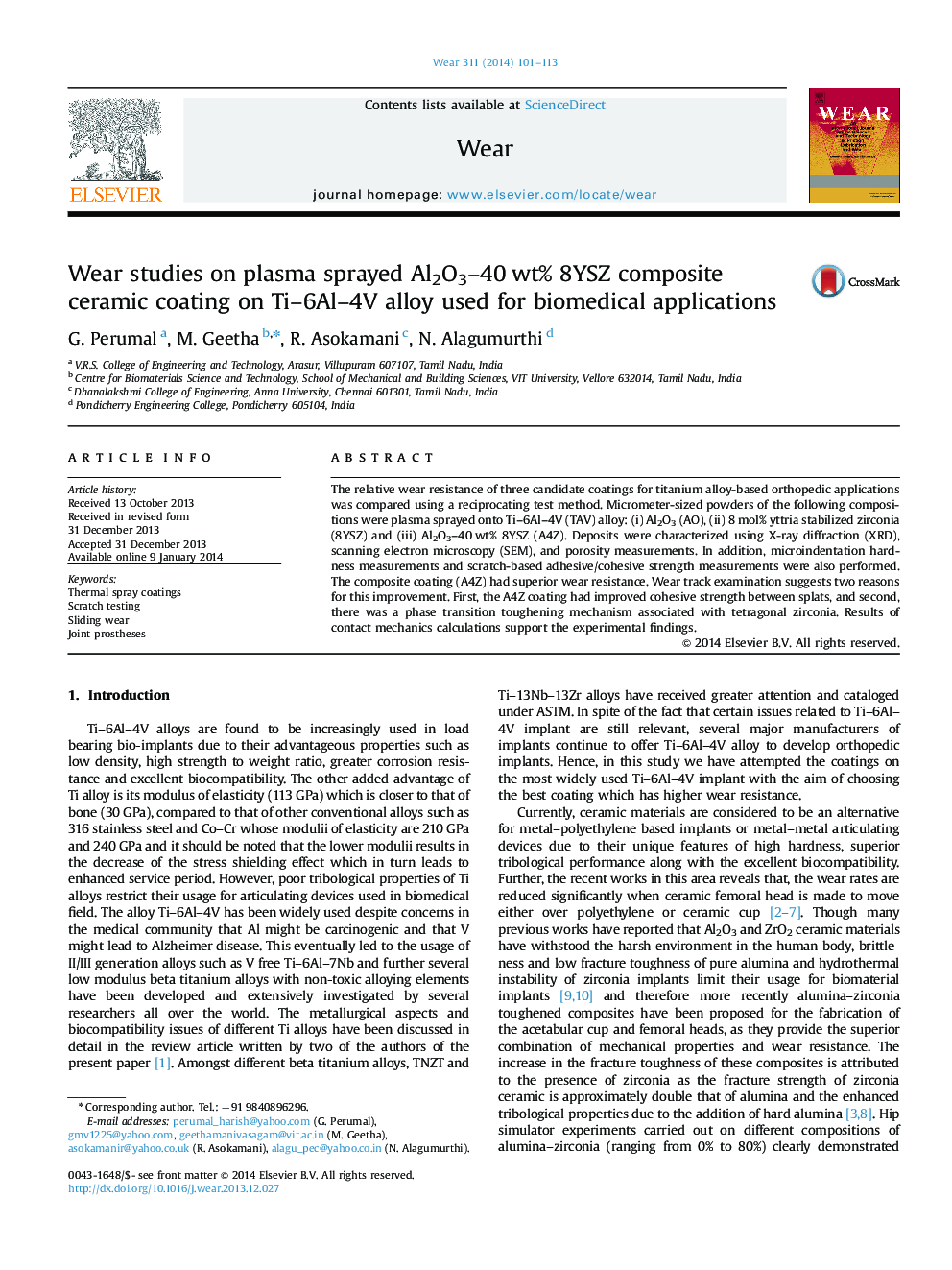 Wear studies on plasma sprayed Al2O3-40Â wt% 8YSZ composite ceramic coating on Ti-6Al-4V alloy used for biomedical applications