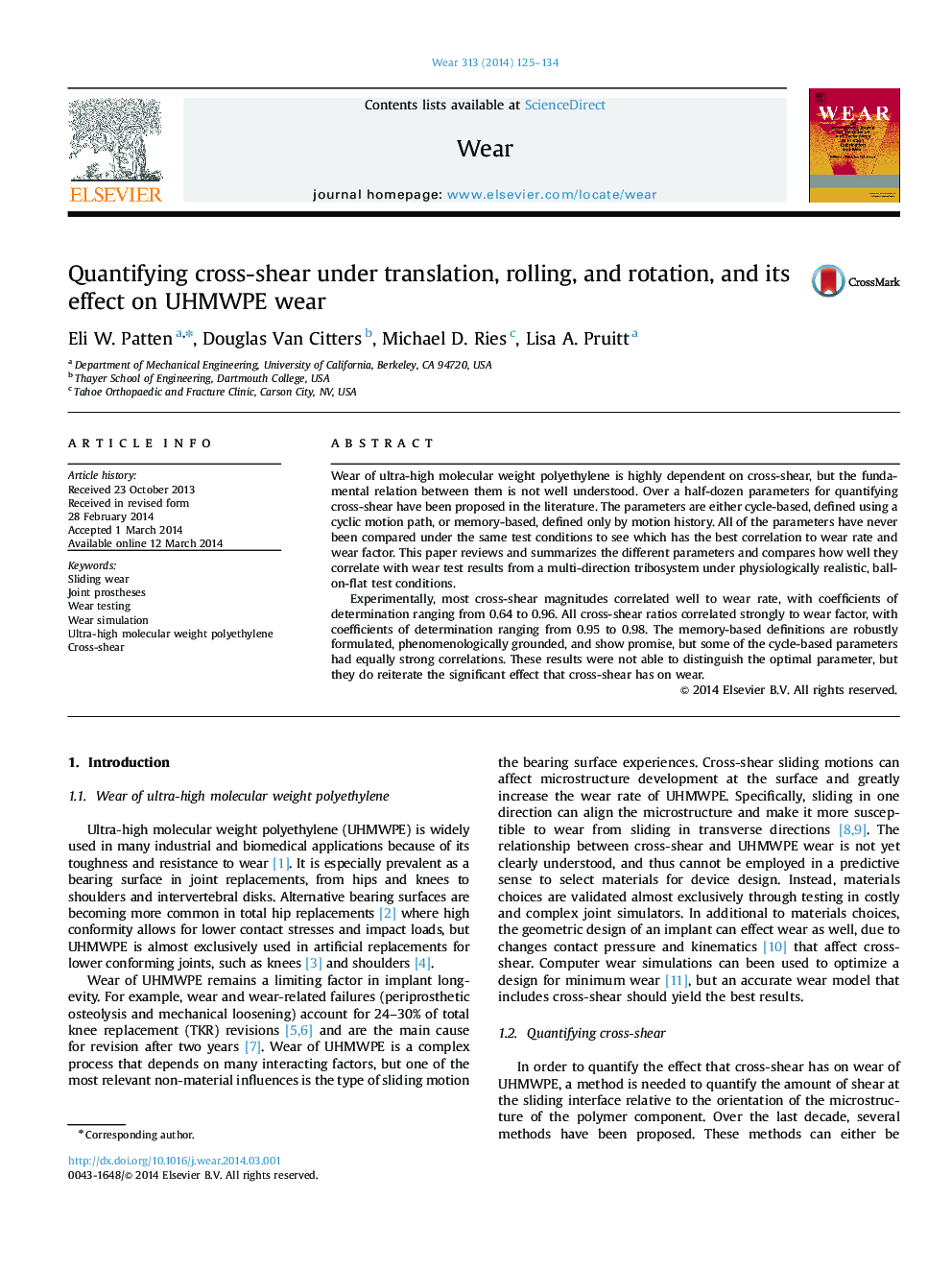 Quantifying cross-shear under translation, rolling, and rotation, and its effect on UHMWPE wear