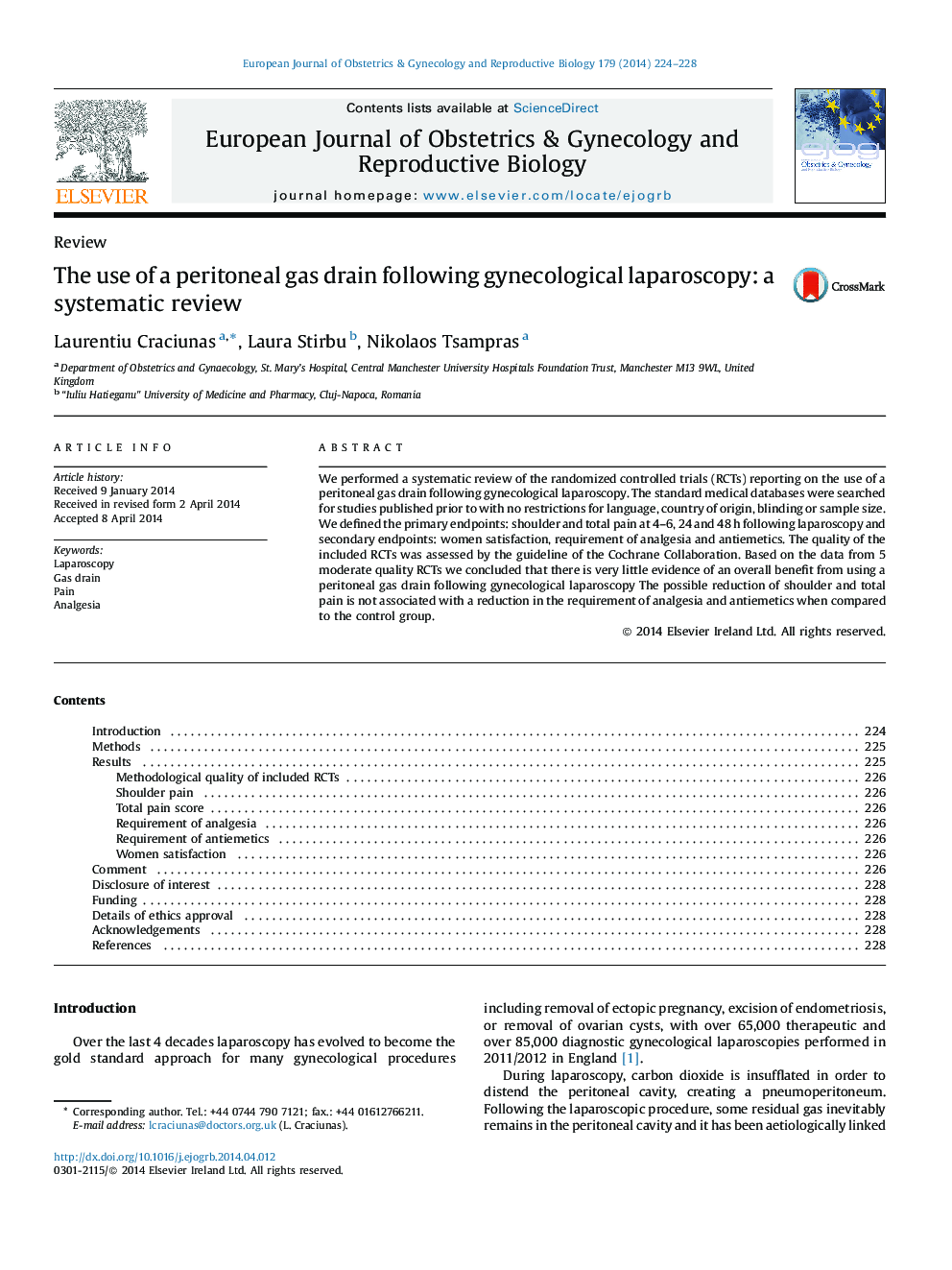 The use of a peritoneal gas drain following gynecological laparoscopy: a systematic review