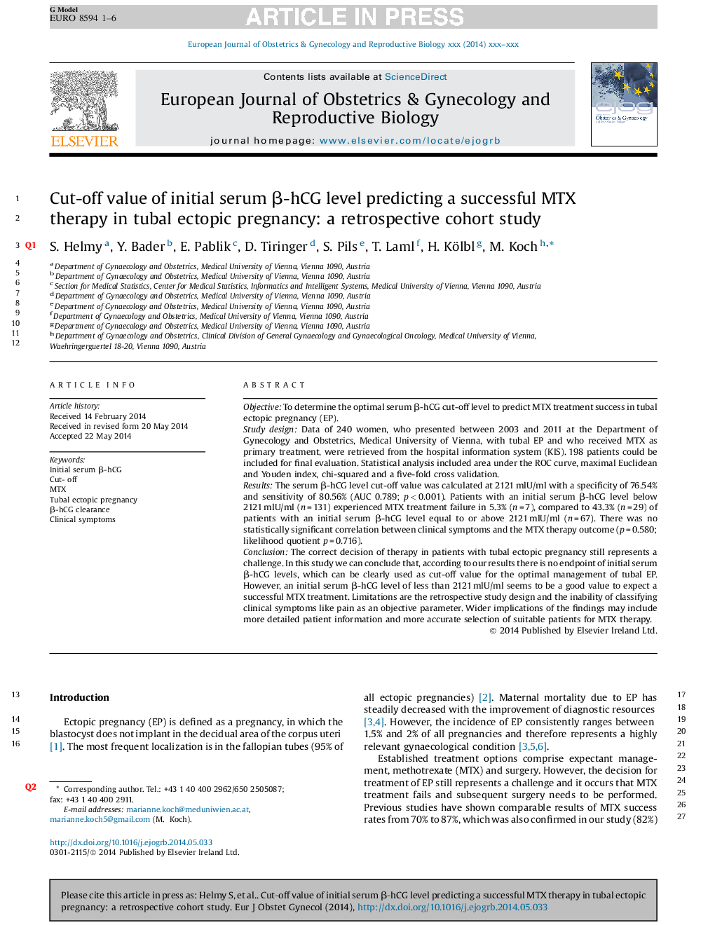 Cut-off value of initial serum Î²-hCG level predicting a successful MTX therapy in tubal ectopic pregnancy: a retrospective cohort study