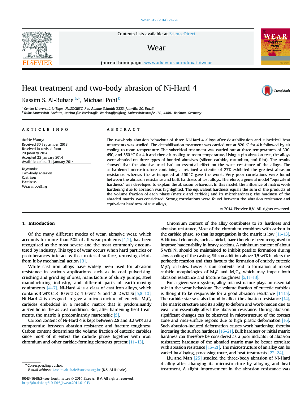 Heat treatment and two-body abrasion of Ni-Hard 4