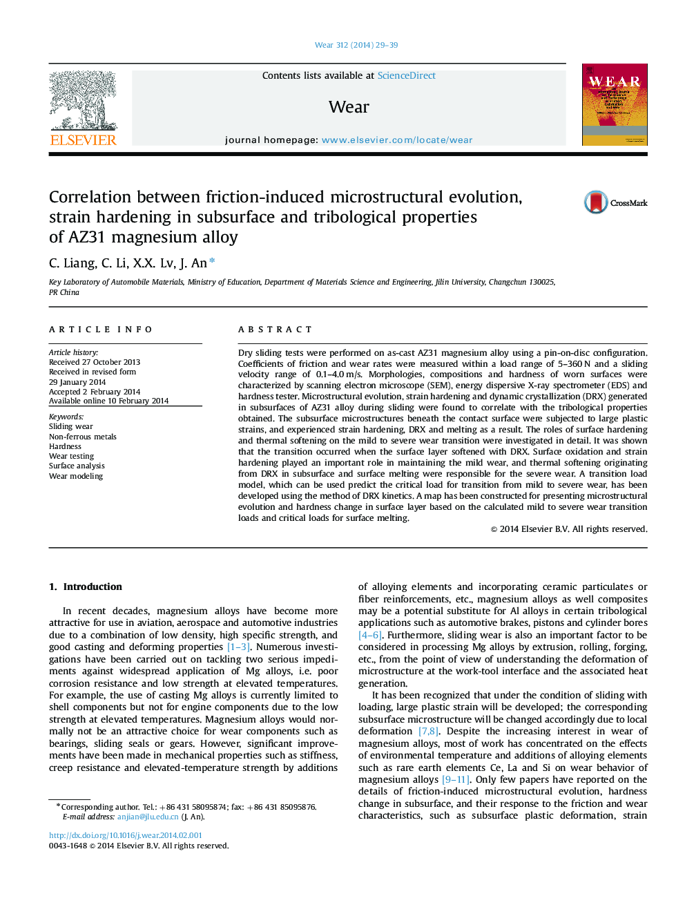 Correlation between friction-induced microstructural evolution, strain hardening in subsurface and tribological properties of AZ31 magnesium alloy