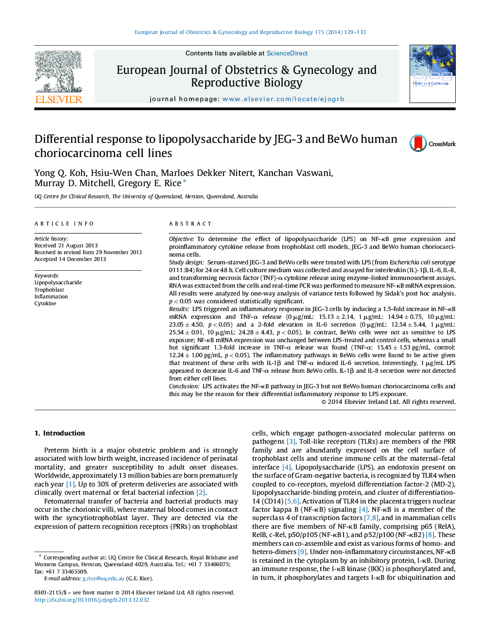 Differential response to lipopolysaccharide by JEG-3 and BeWo human choriocarcinoma cell lines