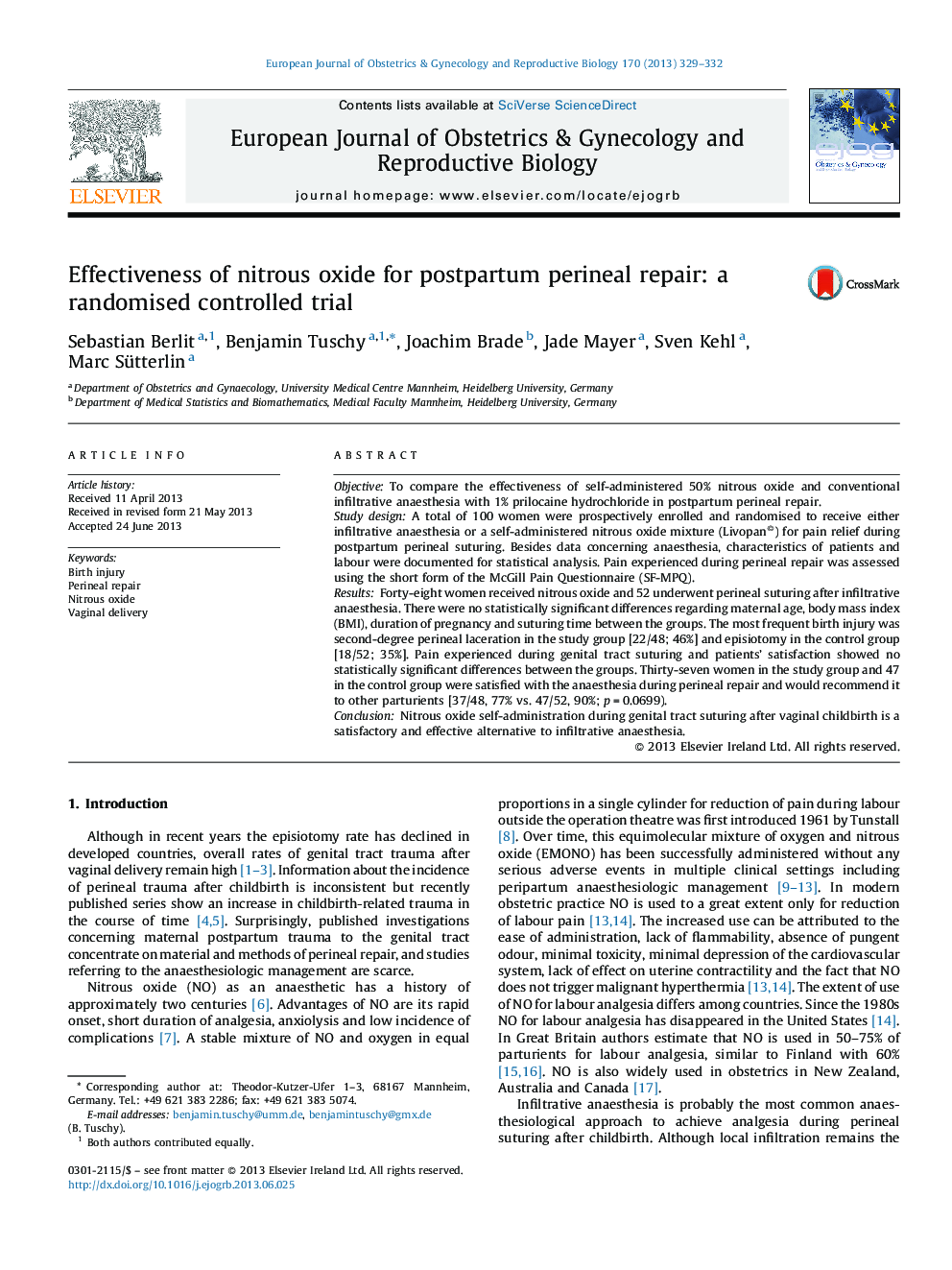 Effectiveness of nitrous oxide for postpartum perineal repair: a randomised controlled trial