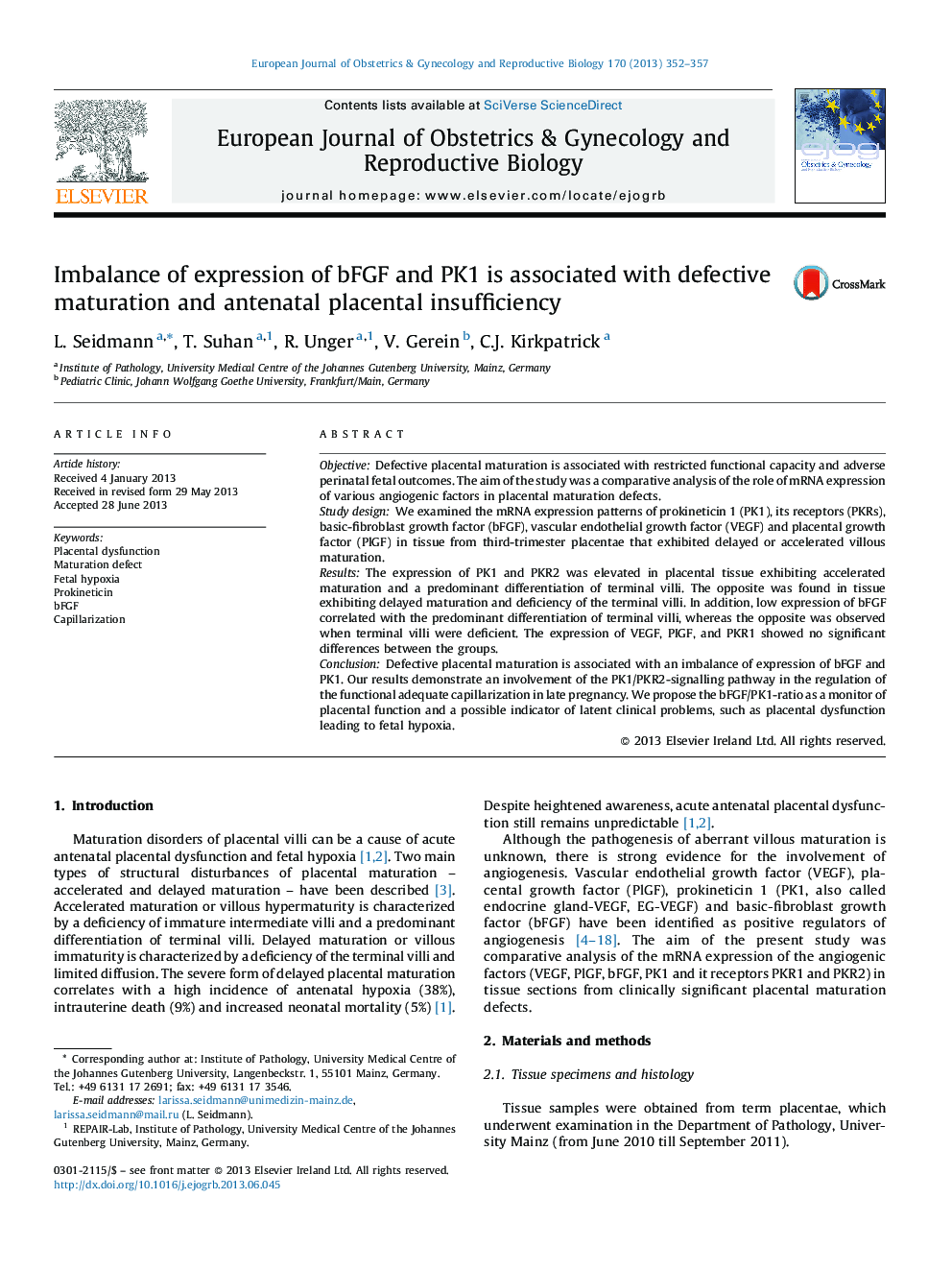 Imbalance of expression of bFGF and PK1 is associated with defective maturation and antenatal placental insufficiency