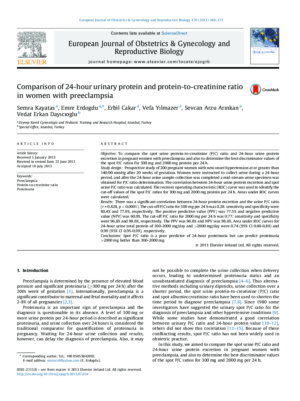 Comparison of 24-hour urinary protein and protein-to-creatinine ratio in women with preeclampsia