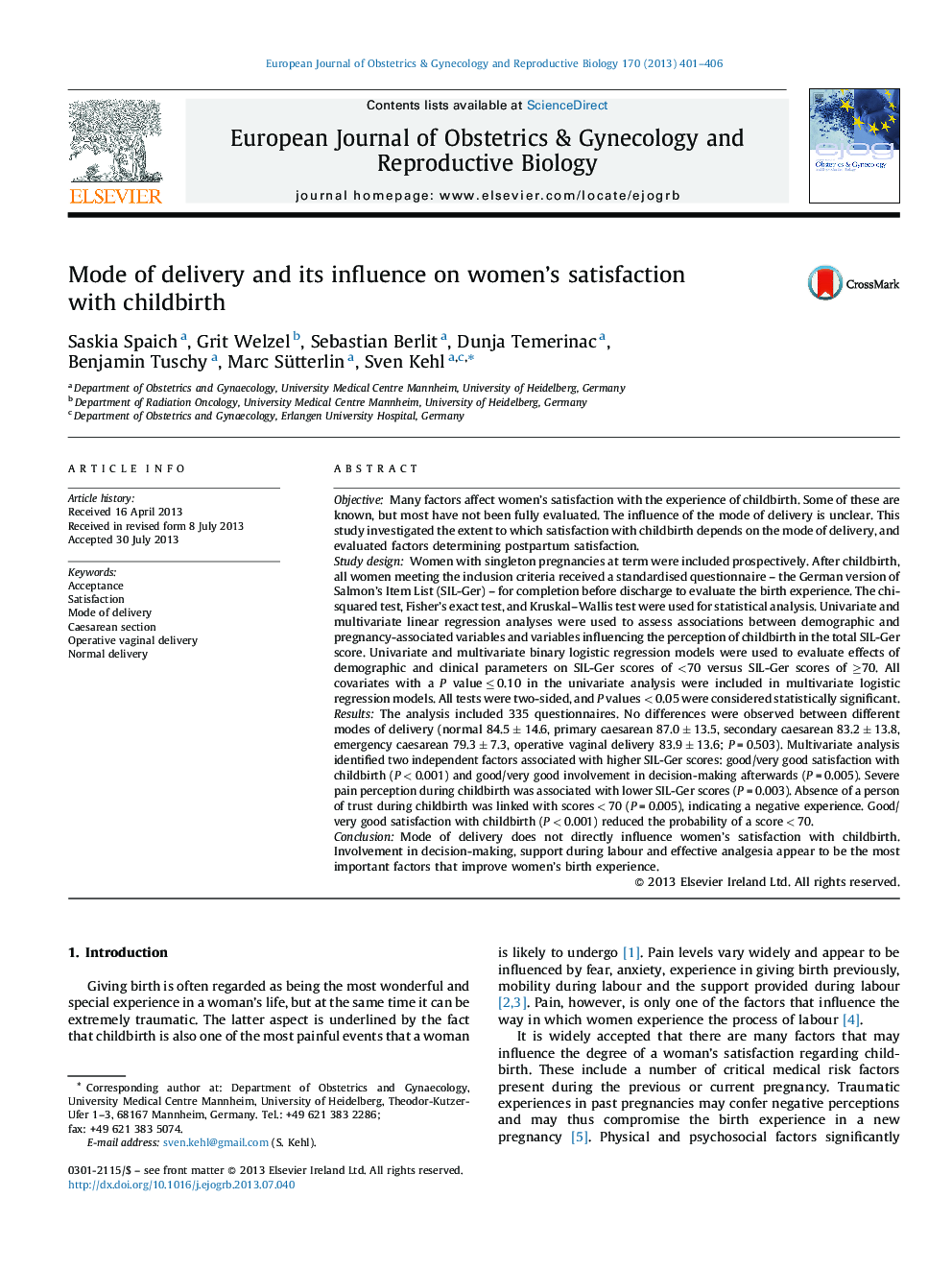 Mode of delivery and its influence on women's satisfaction with childbirth