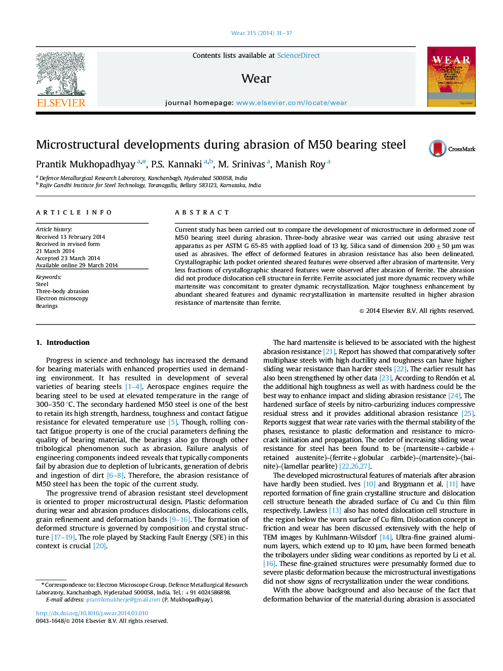 Microstructural developments during abrasion of M50 bearing steel