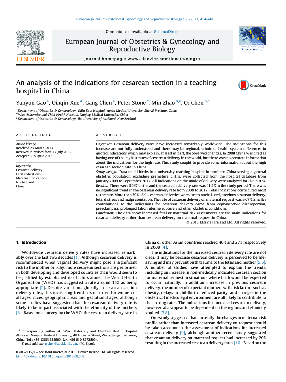 An analysis of the indications for cesarean section in a teaching hospital in China