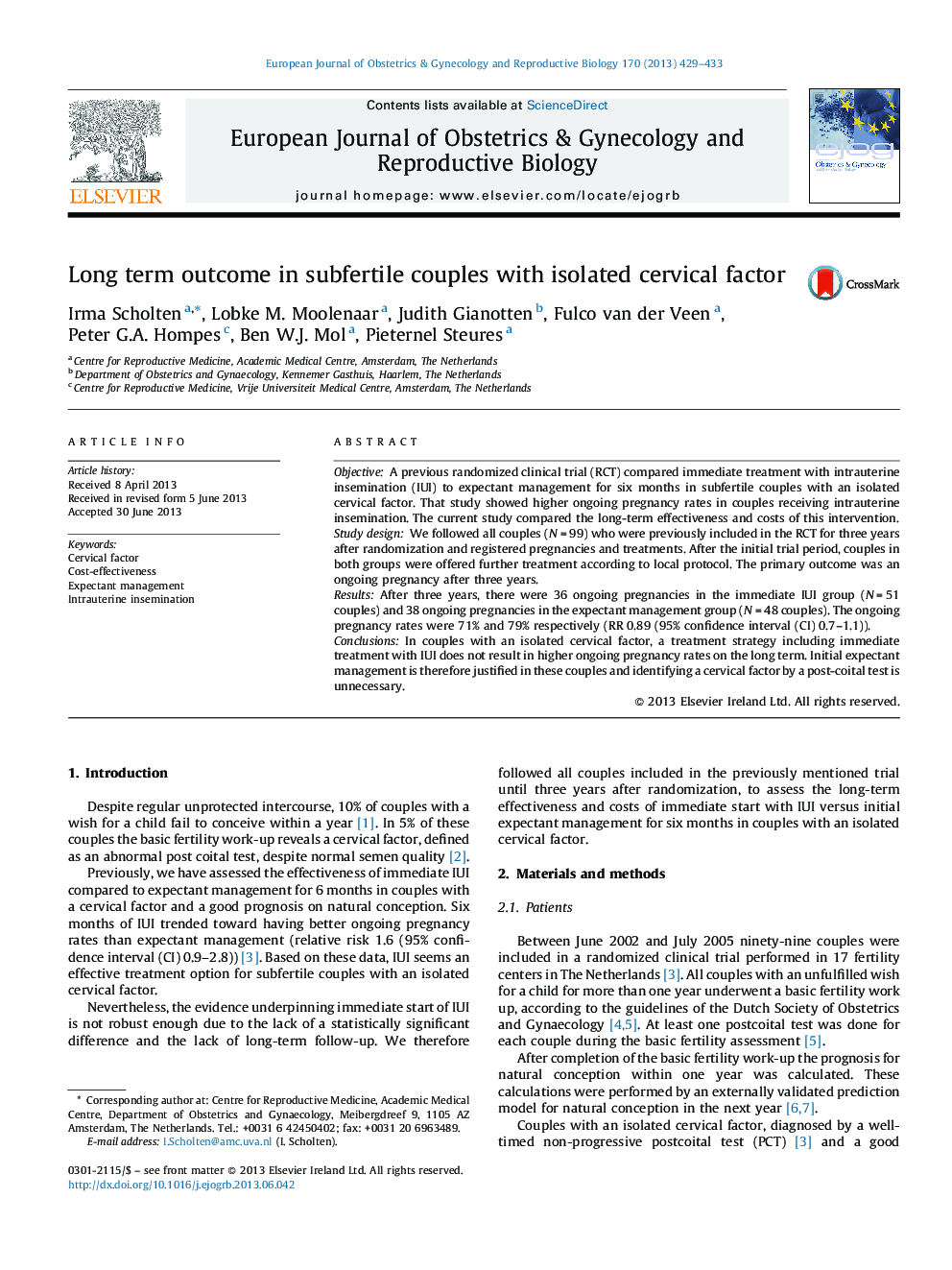 Long term outcome in subfertile couples with isolated cervical factor