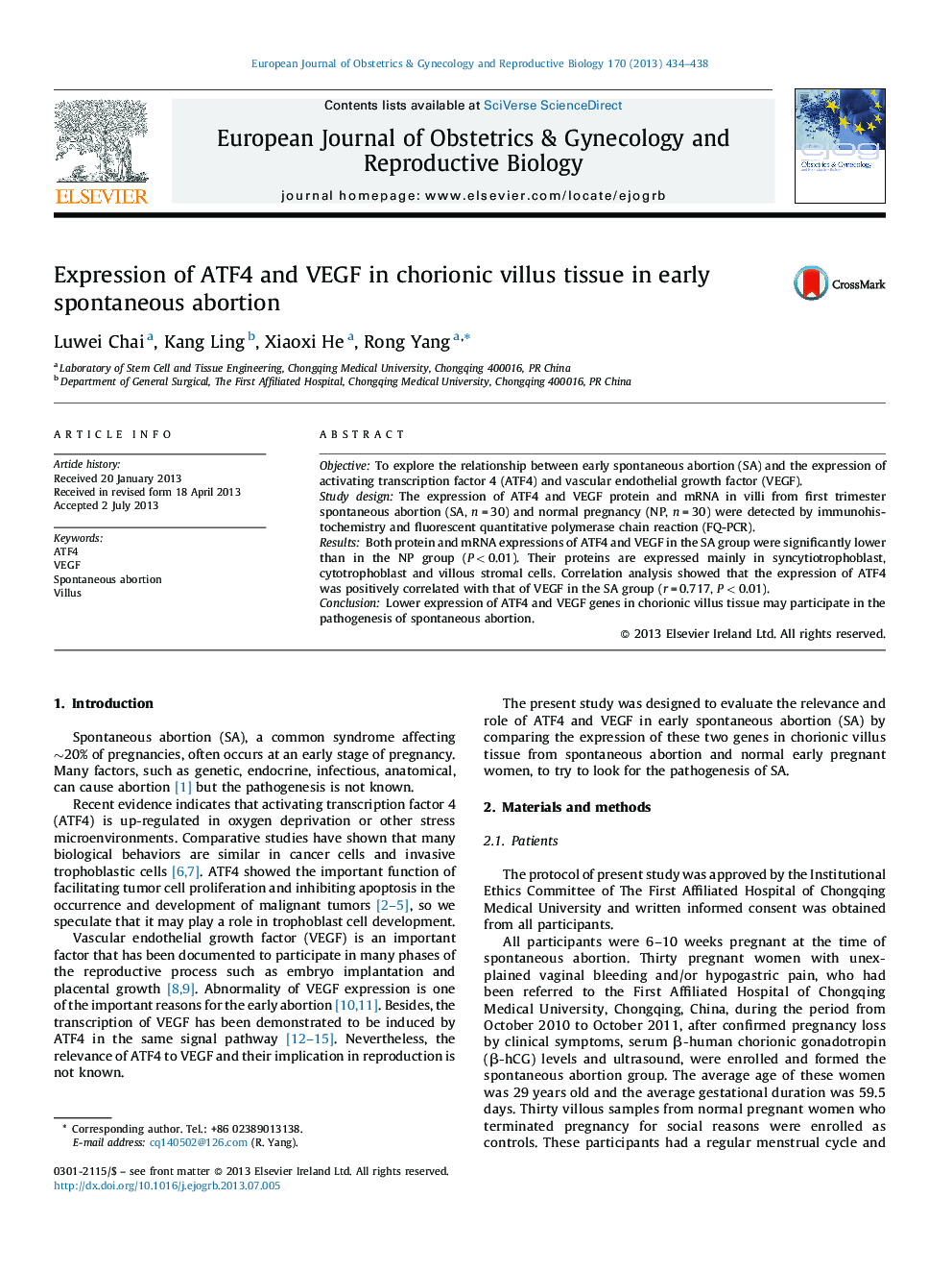 Expression of ATF4 and VEGF in chorionic villus tissue in early spontaneous abortion
