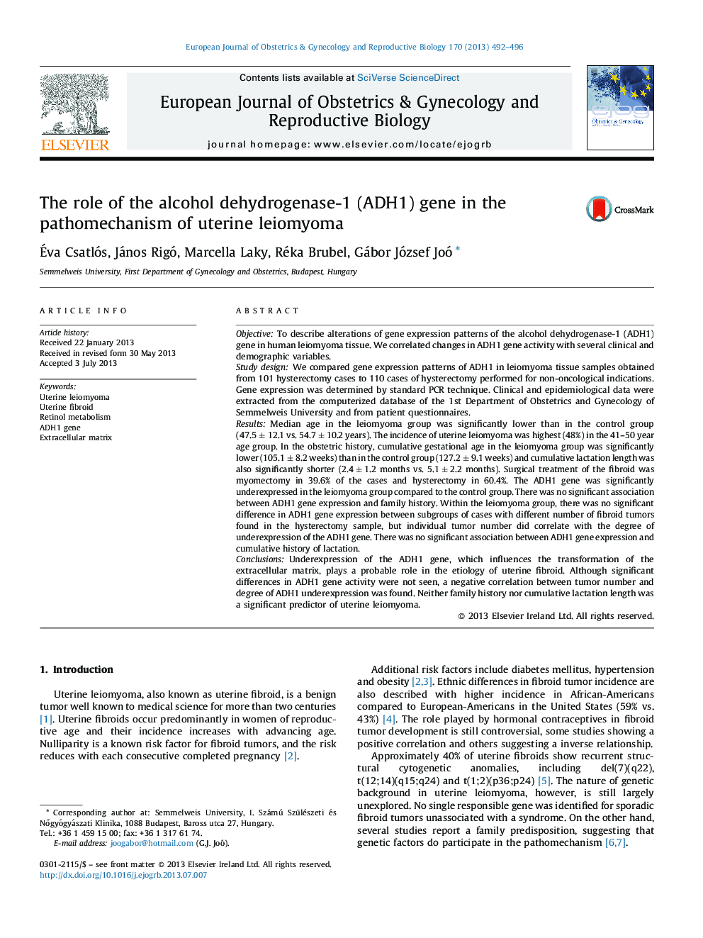 The role of the alcohol dehydrogenase-1 (ADH1) gene in the pathomechanism of uterine leiomyoma
