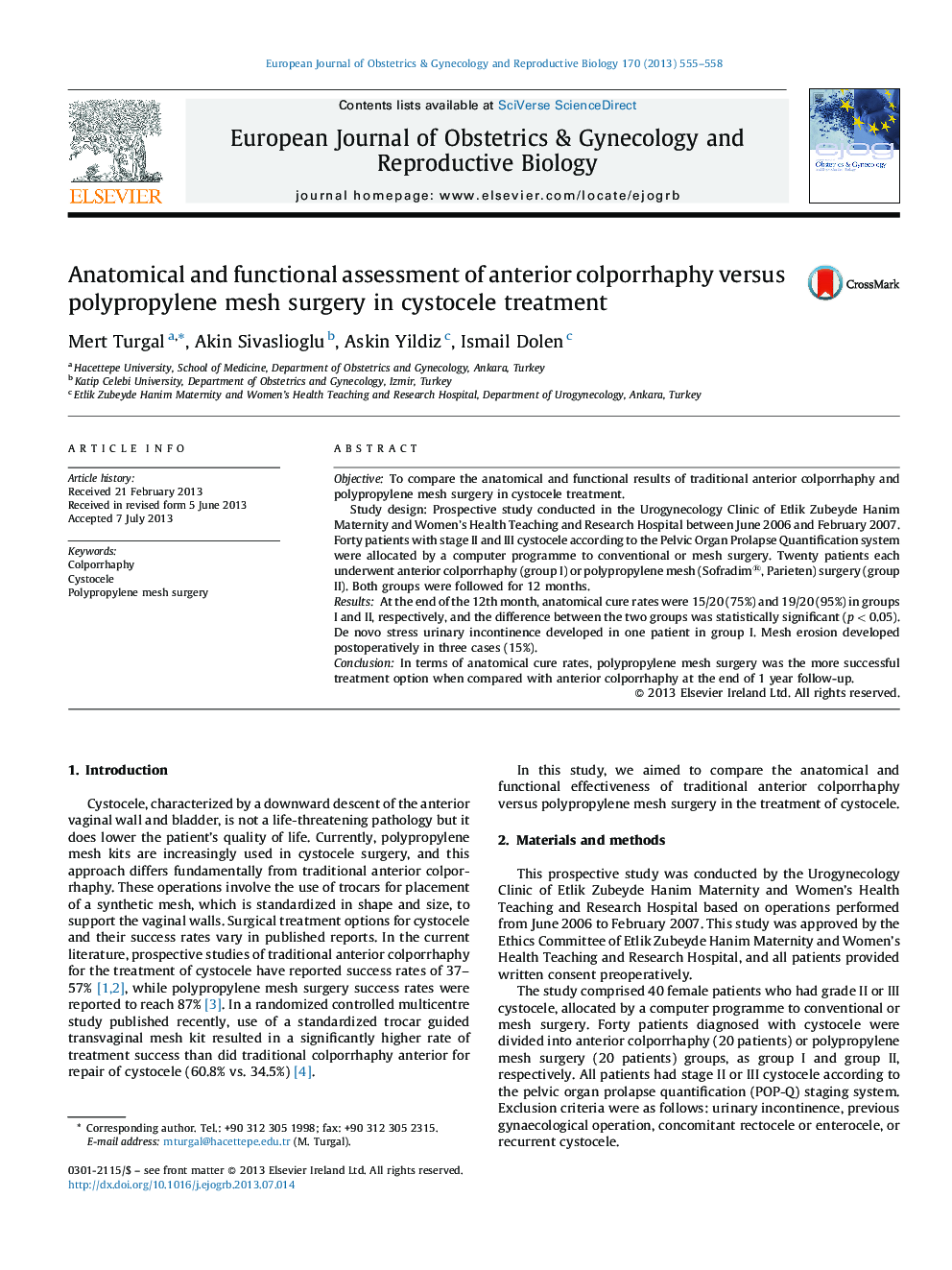 Anatomical and functional assessment of anterior colporrhaphy versus polypropylene mesh surgery in cystocele treatment